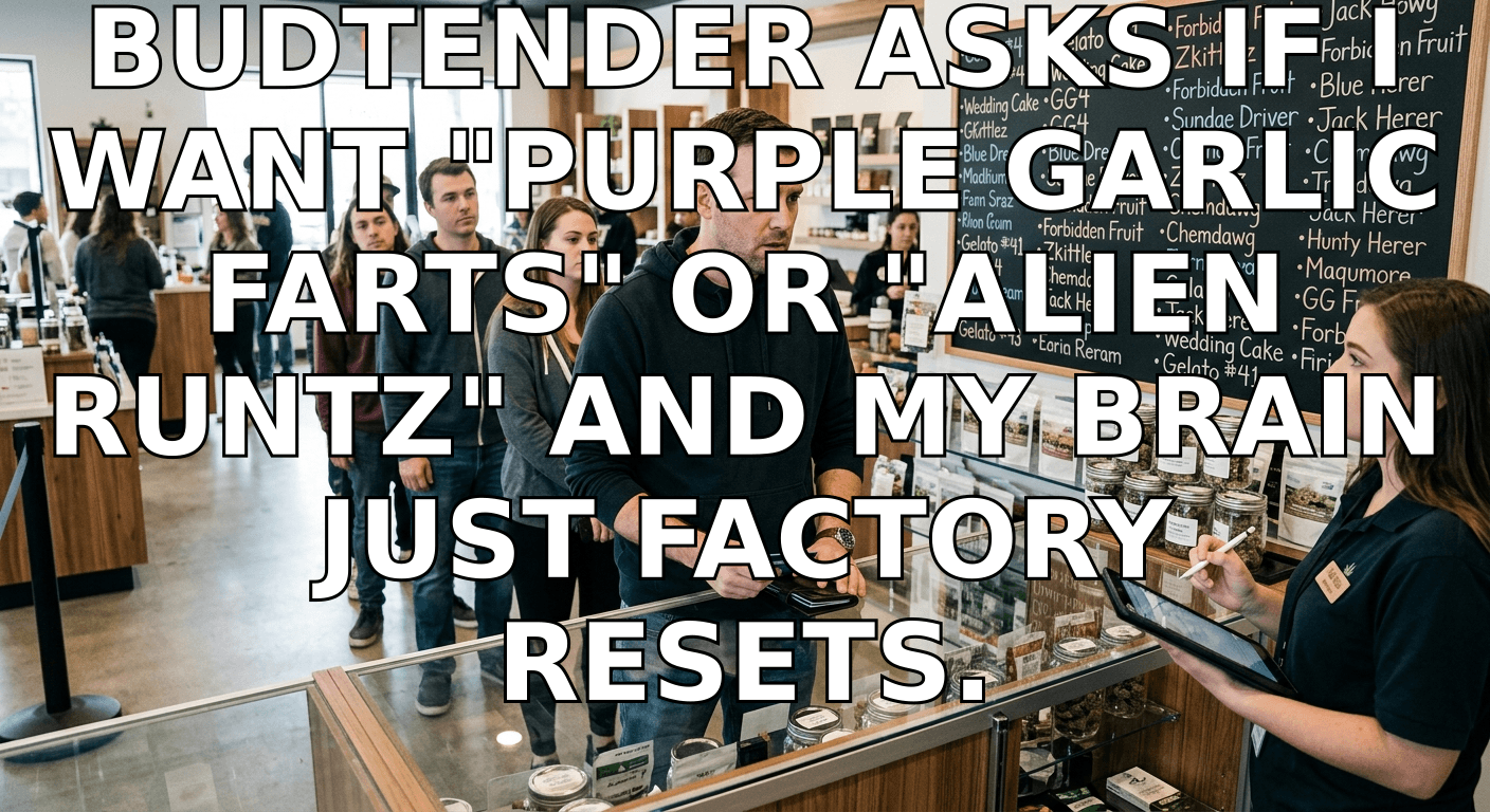 Budtender asks if I want "Purple Garlic Farts" or "Alien Runtz" and my brain just factory resets. — photo 1