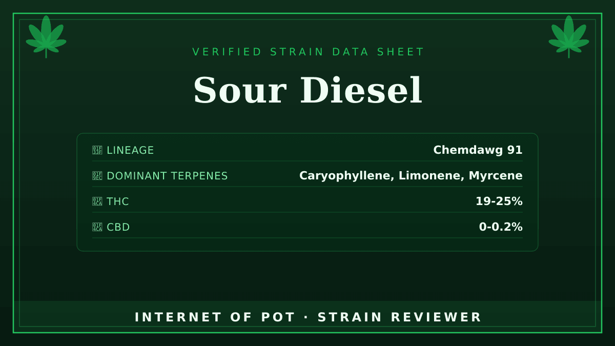 Sour Diesel

🌿 Lineage: Chemdawg 91 is the widely agreed anchor parent, while the second parent is disputed, with competing accounts naming DNL or Massachusetts Super Skunk.
🧬 Dominant Terpenes: Caryophyllene, Limonene, Myrcene
📊 Average THC/CBD: THC 19-25% / CBD 0-0.2%
🧠 Reported Profile: This strain features a pungent diesel and citrus aroma. It is reported to deliver a fast-acting, energizing cerebral effect.

Have you had this in your tent or your bowl? Drop your real photos and reviews below. 👇 — photo 1